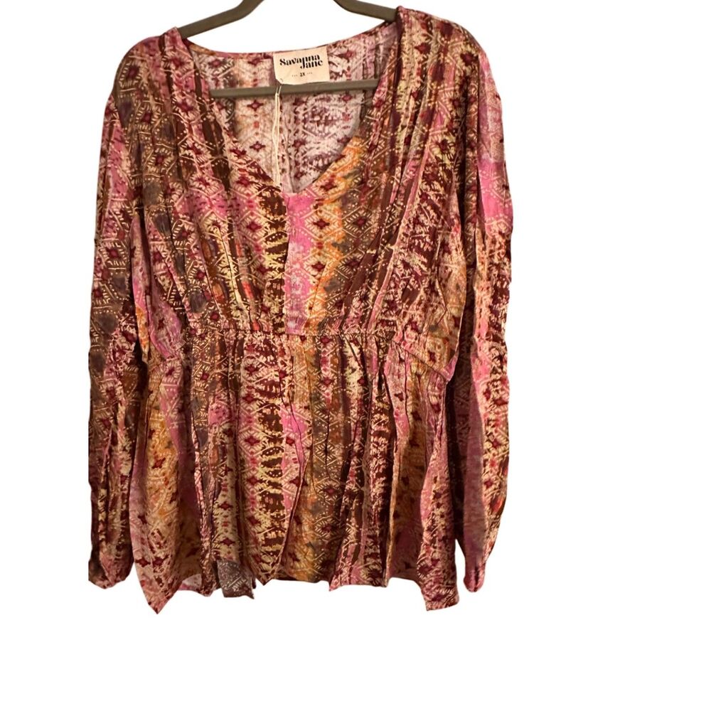 Savannah Jane Plus Size Boho Abstract Print Empire Waist Peplum Blouse 1XL
